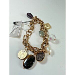 Chicos Charm Bracelet Pearl Rhinestone Agate Tigers Eye Art Glass